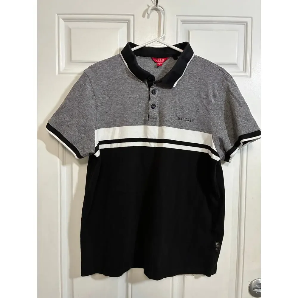 Guess Los Angeles Colorblock Polo Shirt Gray Black White Short Sleeve Men L Logo